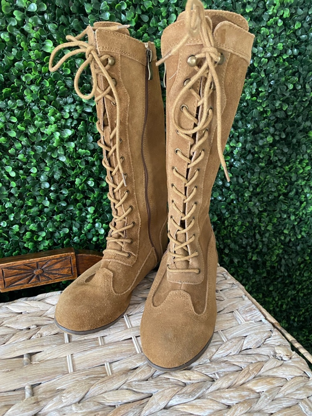 Joyfolie Tall Lace-Up Suede Boots in Tan